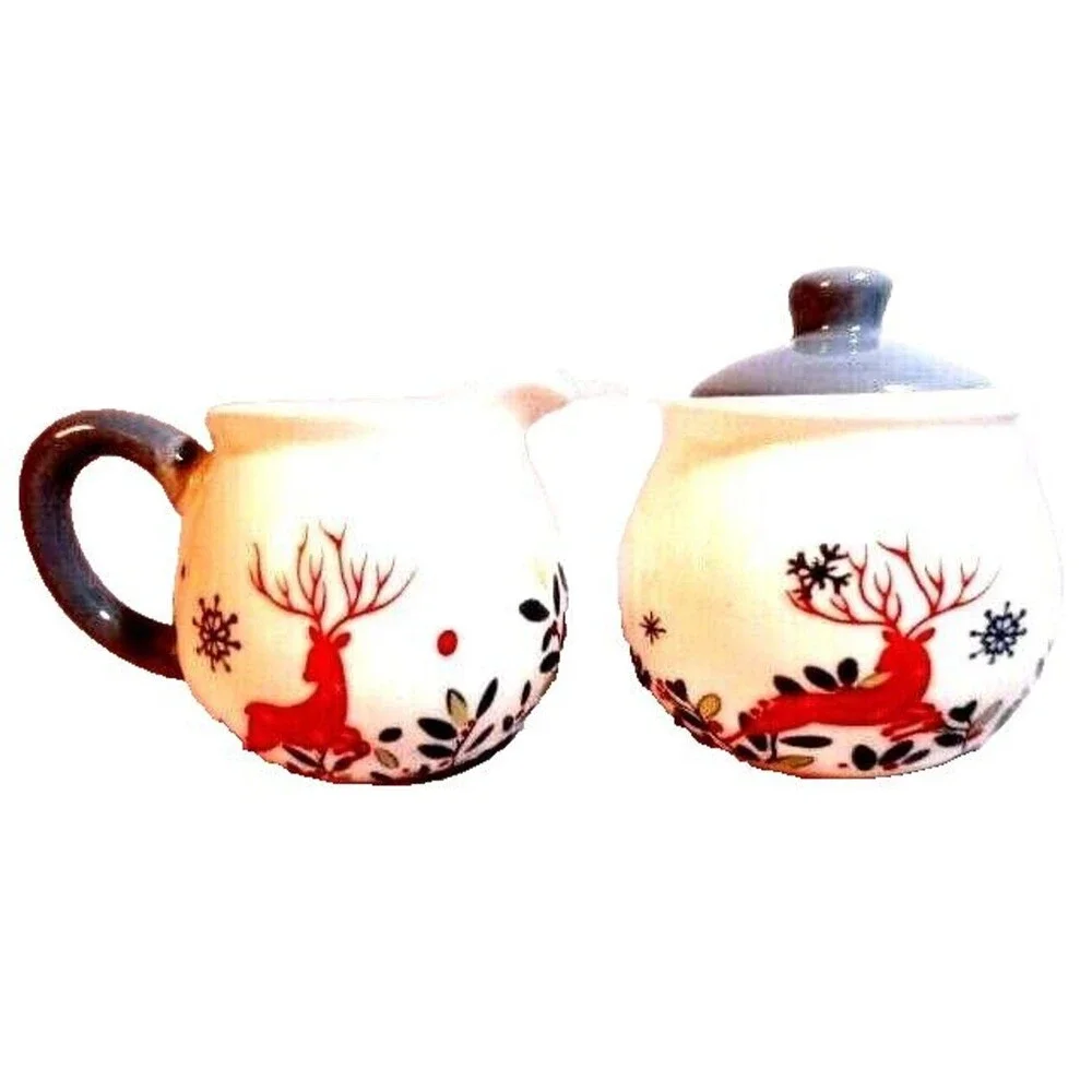 Reindeer Snowflakes Cream Sugar Set Ceramic White Red Gray Christmas Serveware
